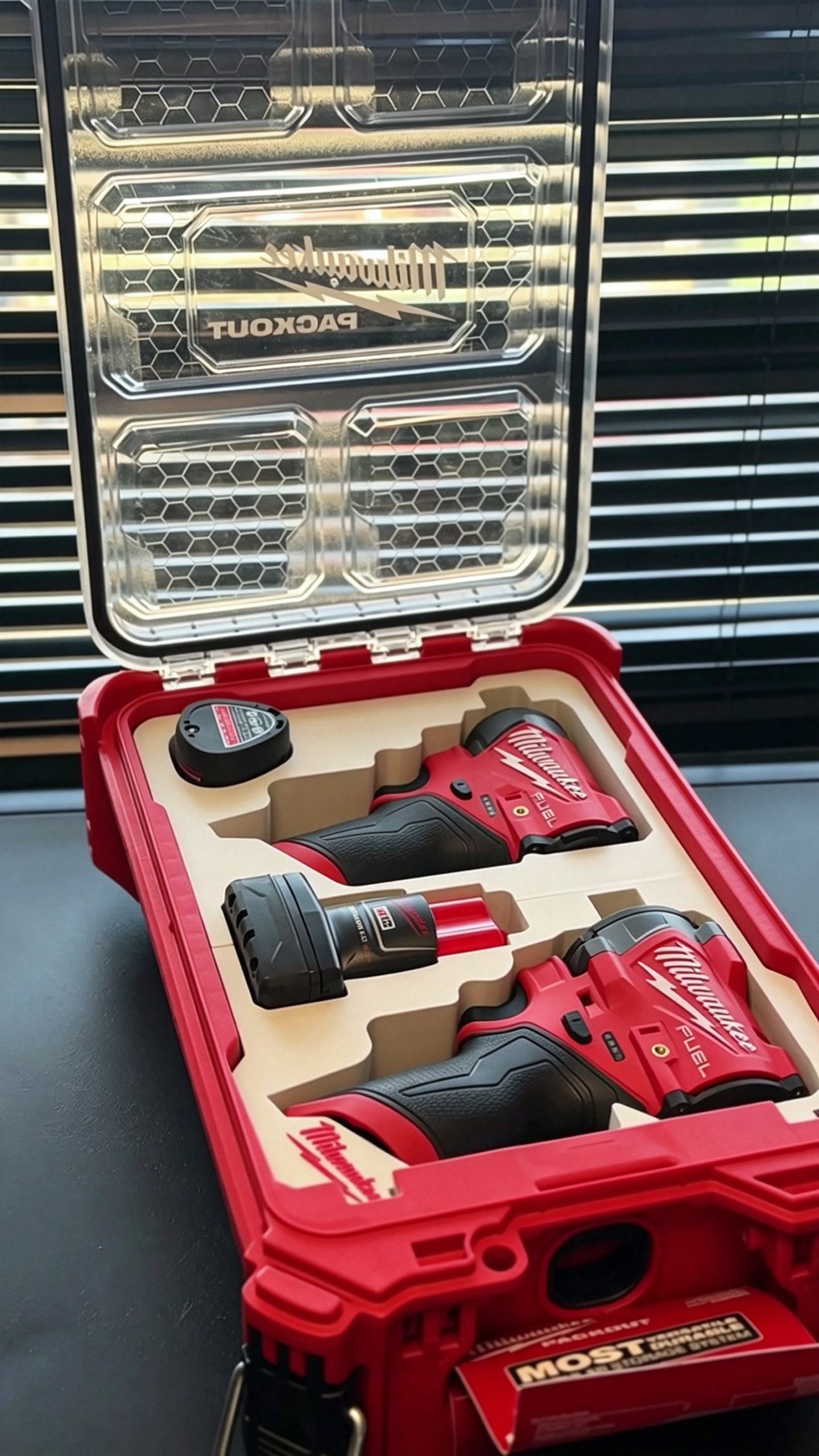3D Printed Insert for Milwaukee Packout 8435 — M12 3453 Impact Driver & 2563 Impact Wrench Dual Tool Organizer, 2 Battery Slots, White PETG