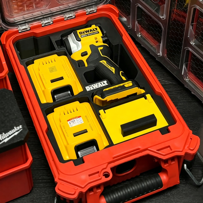 3D Printed Insert for Milwaukee Packout 8435 — DeWALT DCF850 Impact Driver Organizer, Dual Battery & Flip-Top Storage, PETG