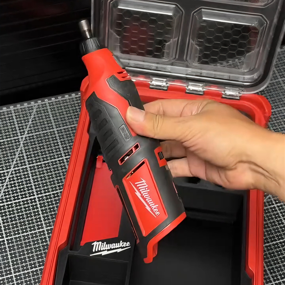 3D Printed Insert for Milwaukee Packout 8435 — M12 C12RT Die Grinder Organizer, Battery & Accessory Storage, PETG