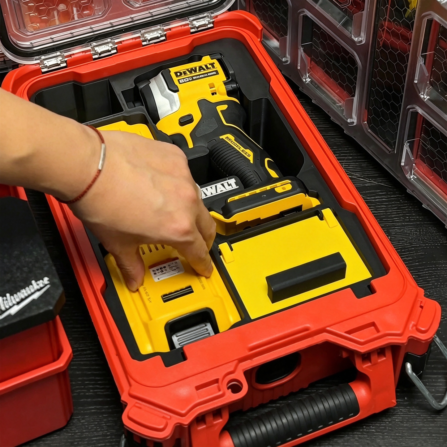 3D Printed Insert for Milwaukee Packout 8435 — DeWALT DCF850 Impact Driver Organizer, Dual Battery & Flip-Top Storage, PETG