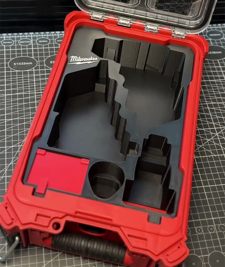3D Printed Insert for Milwaukee Packout 8435 — M12 3404 Drill & 3453 Driver Dual Tool Organizer, Magnetic Flip-Top Storage, 2 Battery Slots, PETG
