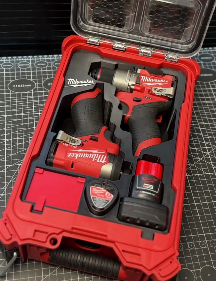 3D Printed Insert for Milwaukee Packout 8435 — M12 3404 Drill & 3453 Driver Dual Tool Organizer, Magnetic Flip-Top Storage, 2 Battery Slots, PETG