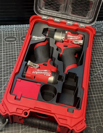3D Printed Insert for Milwaukee Packout 8435 — M12 3404 Drill & 3453 Driver Dual Tool Organizer, Magnetic Flip-Top Storage, 2 Battery Slots, PETG