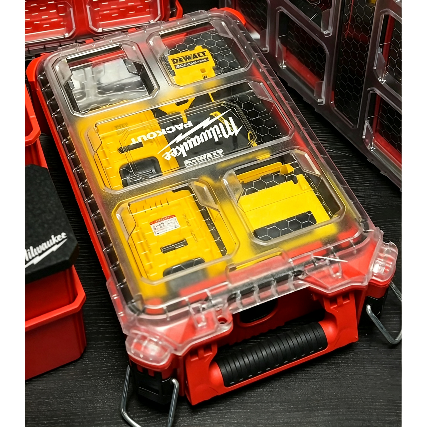 3D Printed Insert for Milwaukee Packout 8435 — DeWALT DCF850 Impact Driver Organizer, Dual Battery & Flip-Top Storage, PETG