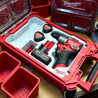 3D Printed Insert for Milwaukee Packout 8435 — M12 3404 FPD2 Impact Drill Organizer, Double-Layer Parts Box & 3 Battery Slots, White PETG
