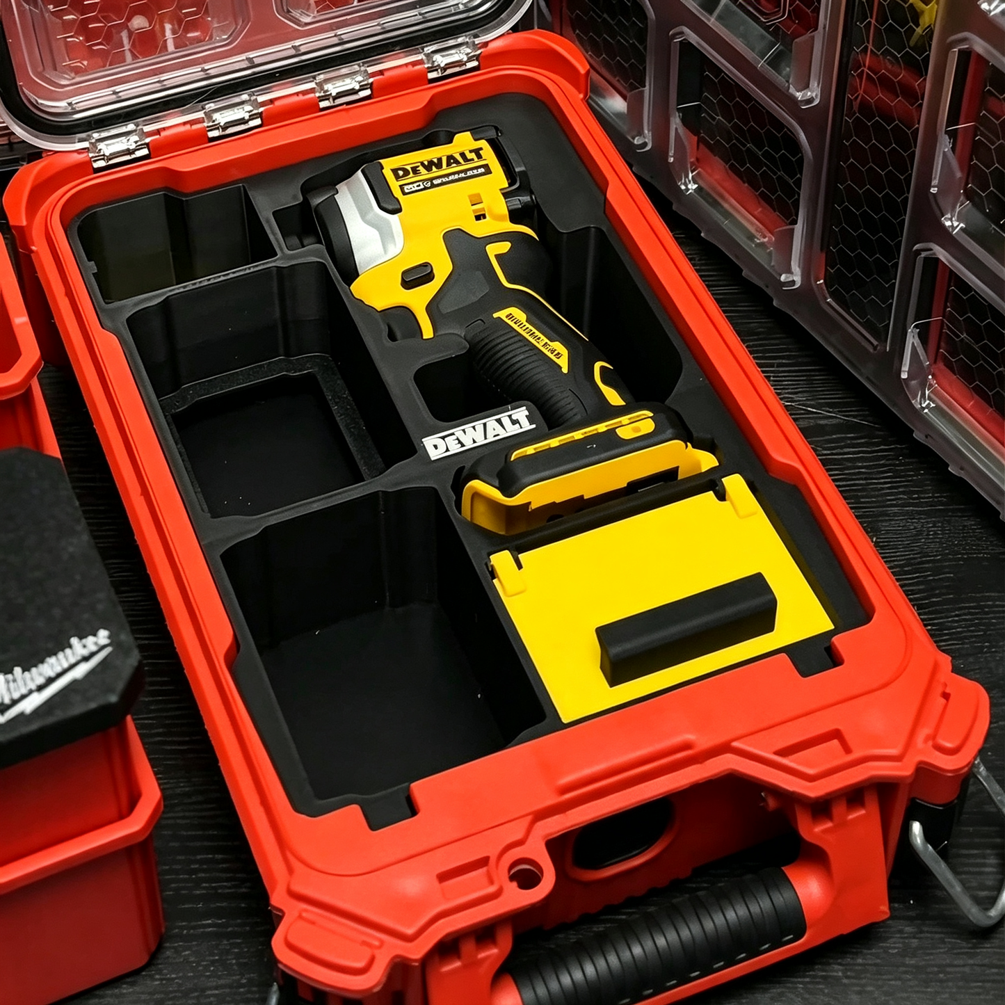 3D Printed Insert for Milwaukee Packout 8435 — DeWALT DCF850 Impact Driver Organizer, Dual Battery & Flip-Top Storage, PETG