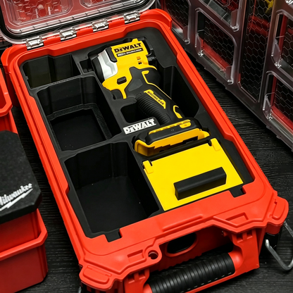 3D Printed Insert for Milwaukee Packout 8435 — DeWALT DCF850 Impact Driver Organizer, Dual Battery & Flip-Top Storage, PETG