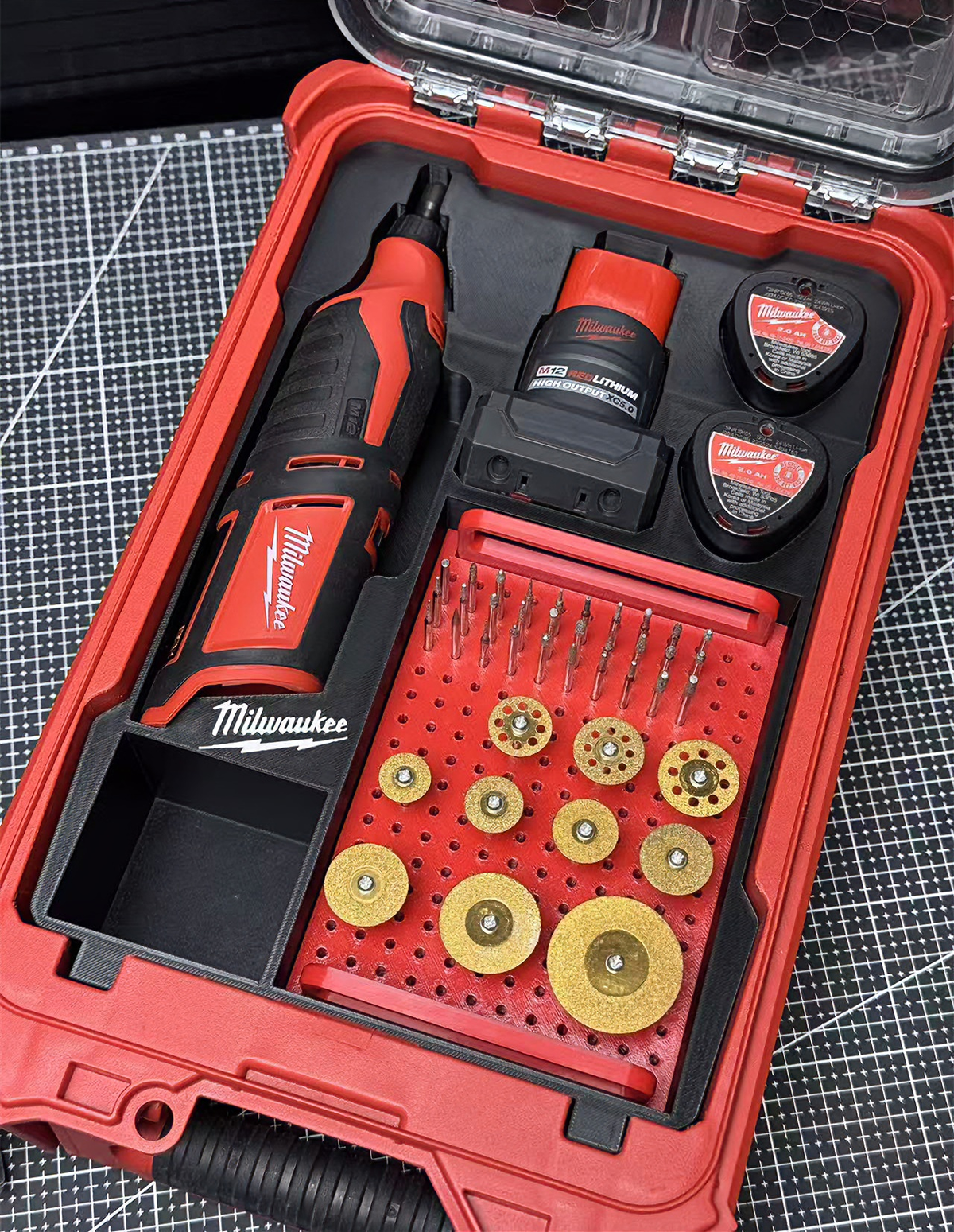 3D Printed Insert for Milwaukee Packout 8435 — M12 C12RT Die Grinder Organizer, Battery & Accessory Storage, PETG