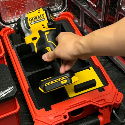3D Printed Insert for Milwaukee Packout 8435 — DeWALT DCF850 Impact Driver Organizer, Dual Battery & Flip-Top Storage, PETG