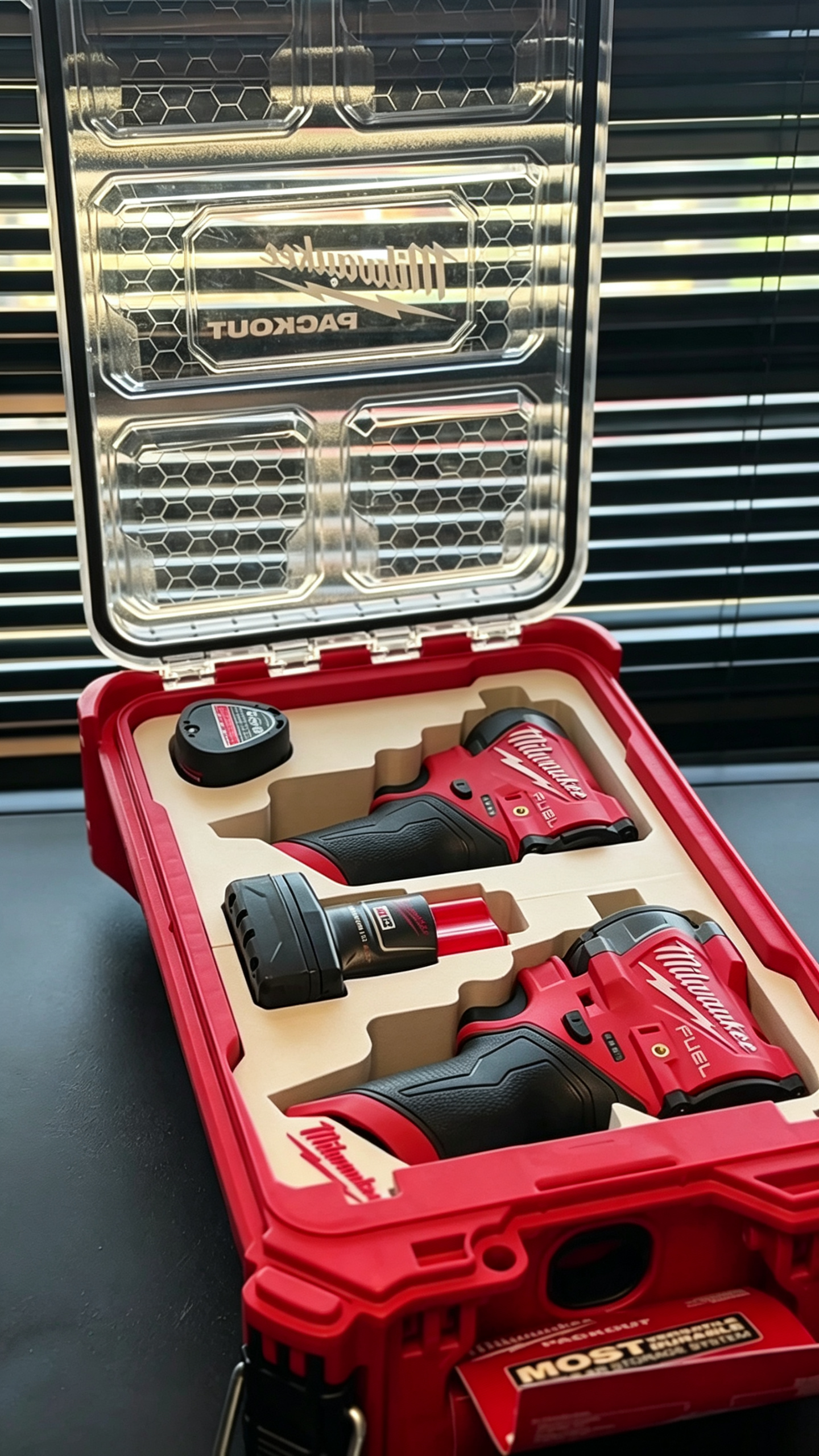 3D Printed Insert for Milwaukee Packout 8435 — M12 3453 Impact Driver & 2563 Impact Wrench Dual Tool Organizer, 2 Battery Slots, White PETG