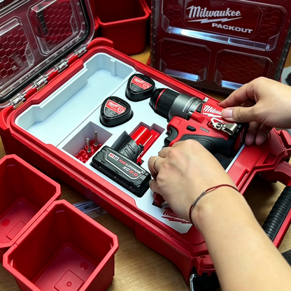 3D Printed Insert for Milwaukee Packout 8435 — M12 3404 FPD2 Impact Drill Organizer, Double-Layer Parts Box & 3 Battery Slots, White PETG