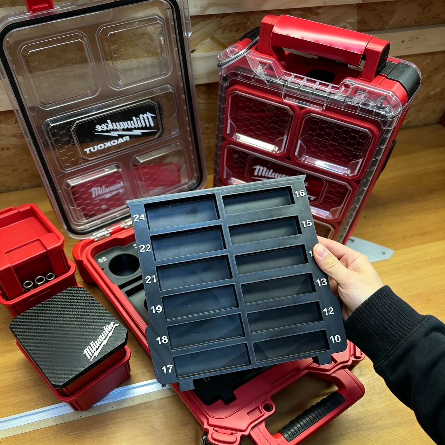 3D Printed Socket Organizer for Milwaukee Packout 8435 — Modular Interchangeable Trays, 1/2" Drive, PETG