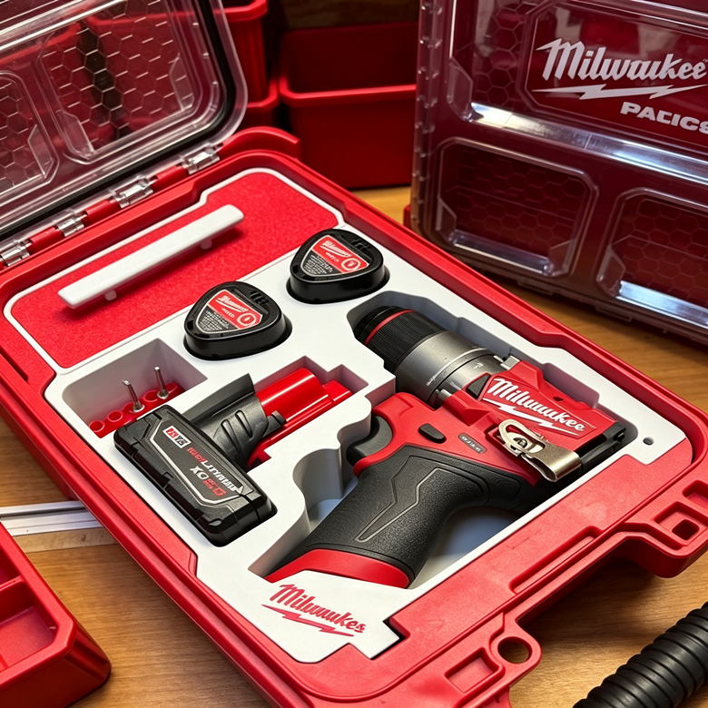 3D Printed Insert for Milwaukee Packout 8435 — M12 3404 FPD2 Impact Drill Organizer, Double-Layer Parts Box & 3 Battery Slots, White PETG