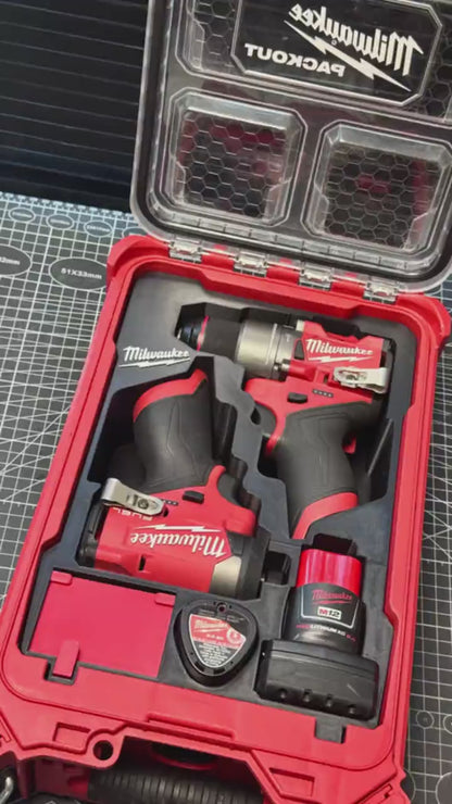 3D Printed Insert for Milwaukee Packout 8435 — M12 3404 Drill & 3453 Driver Dual Tool Organizer, Magnetic Flip-Top Storage, 2 Battery Slots, PETG