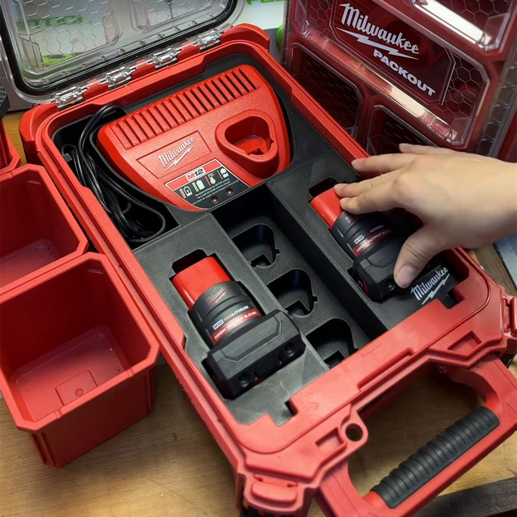 3D Printed Insert for Milwaukee Packout 8435 — M12 Charger & 5 Battery Storage Organizer, PETG